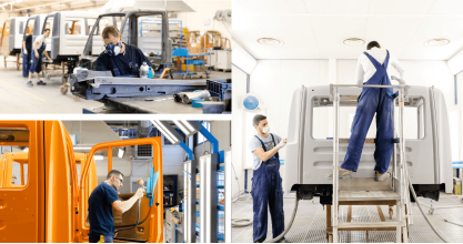 Processus d'assemblage des cabines Unimog (collage, ponçage, peinture et contrôle qualité)
